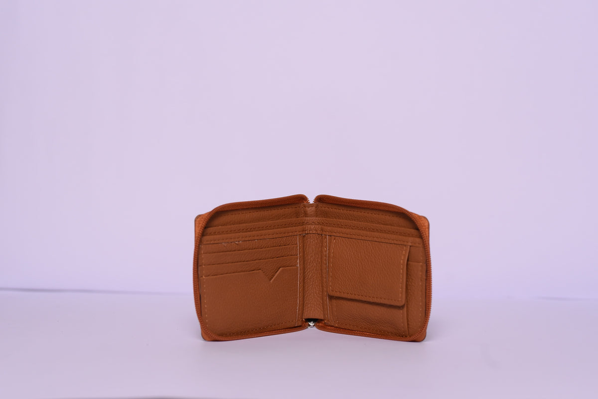 Brown leather wallet open on a white background