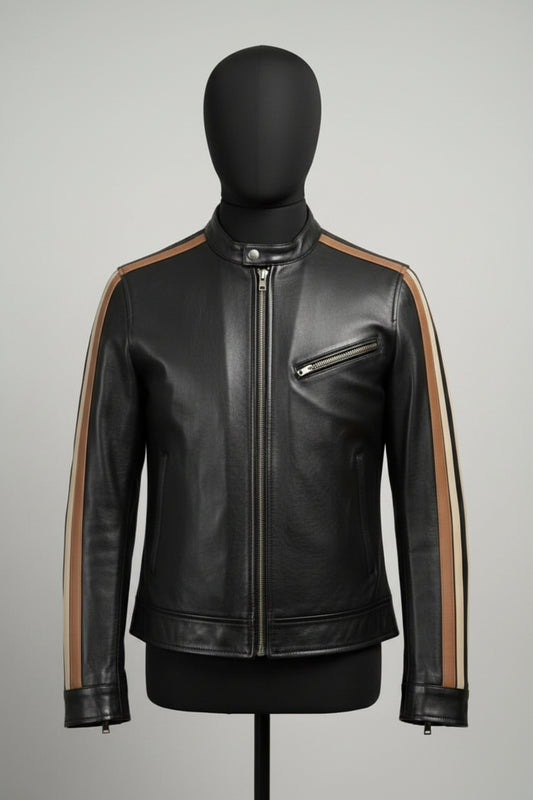 Front view of a sleek black leather motorcycle jacket featuring a snap-button collar, single angled chest zip pocket, and beige and tan racing stripes along the shoulders and sleeves.