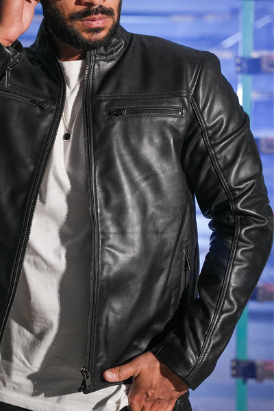 Men’s Black Lambskin Dodge Biker Style Leather Jacket Tonybon