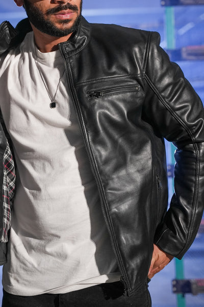 Men’s Black Lambskin Dodge Biker Style Leather Jacket Tonybon