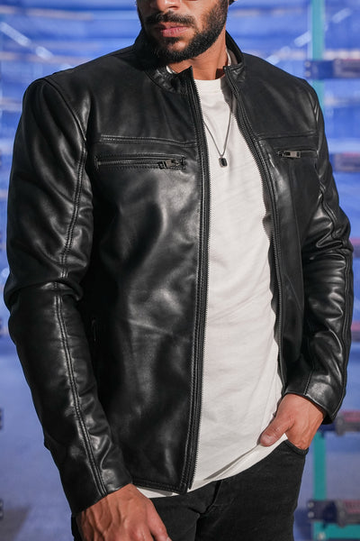 Men’s Black Lambskin Dodge Biker Style Leather Jacket Tonybon