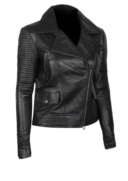 Stylish Black Women's Leather Moto Jacket