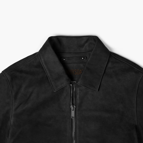 Men's Black Buffalo Leather Jacket With Shirt Collar