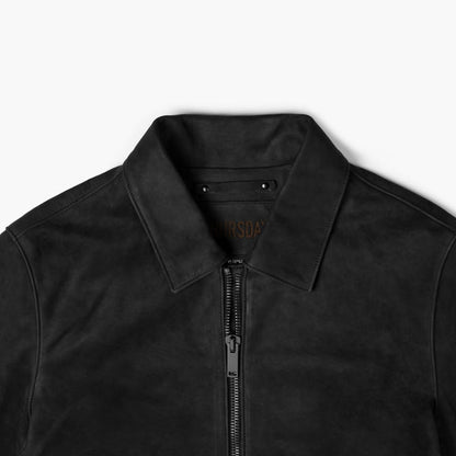Men's Black Buffalo Leather Jacket With Shirt Collar