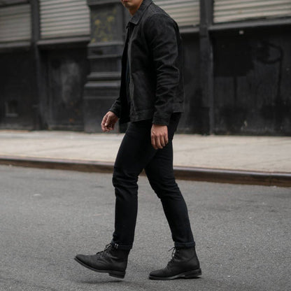 Men's Black Buffalo Leather Jacket With Shirt Collar
