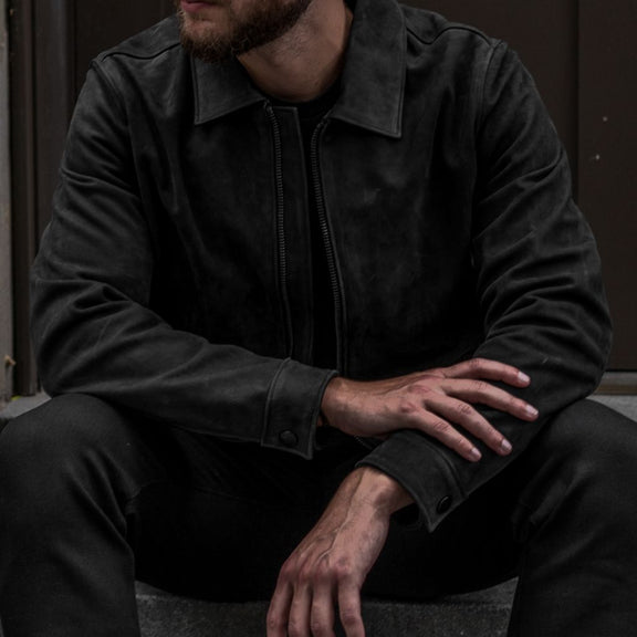 Men's Black Buffalo Leather Jacket With Shirt Collar