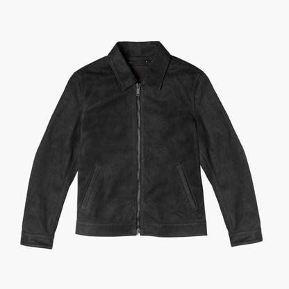 Men's Black Buffalo Leather Jacket With Shirt Collar